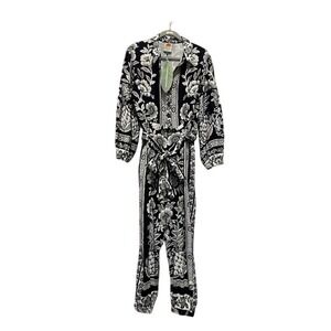 Farm Rio Black White Floral Long Sleeve Belted Jumpsuit Women's Size‎ M NEW
